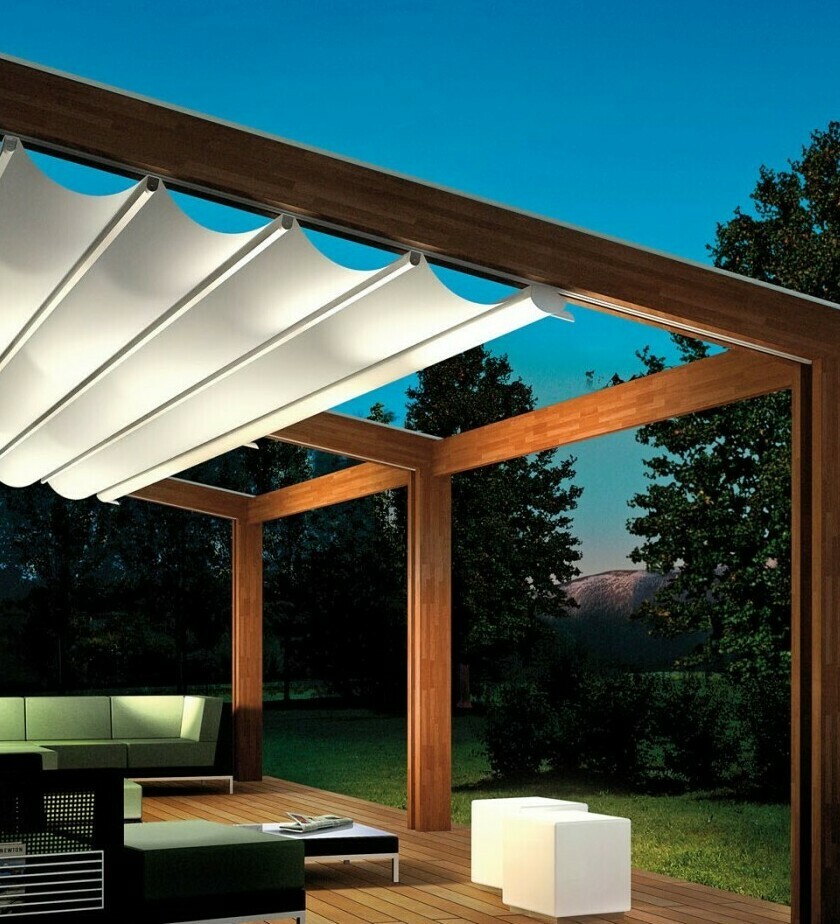 Пергола для летней веранды или террасы кафе и ресторана в Москве недорого! Алюминиевая пергола (пергольная маркиза) со сдвижной крышей с монтажом под ключ! Пергола (перголы) купить для летнего кафе, веранд, террас ресторанов и кафе в Москве. Солнцезащитные системы. Производство и монтаж маркиз-пергол, пергольных конструкций с моторизированной крышей