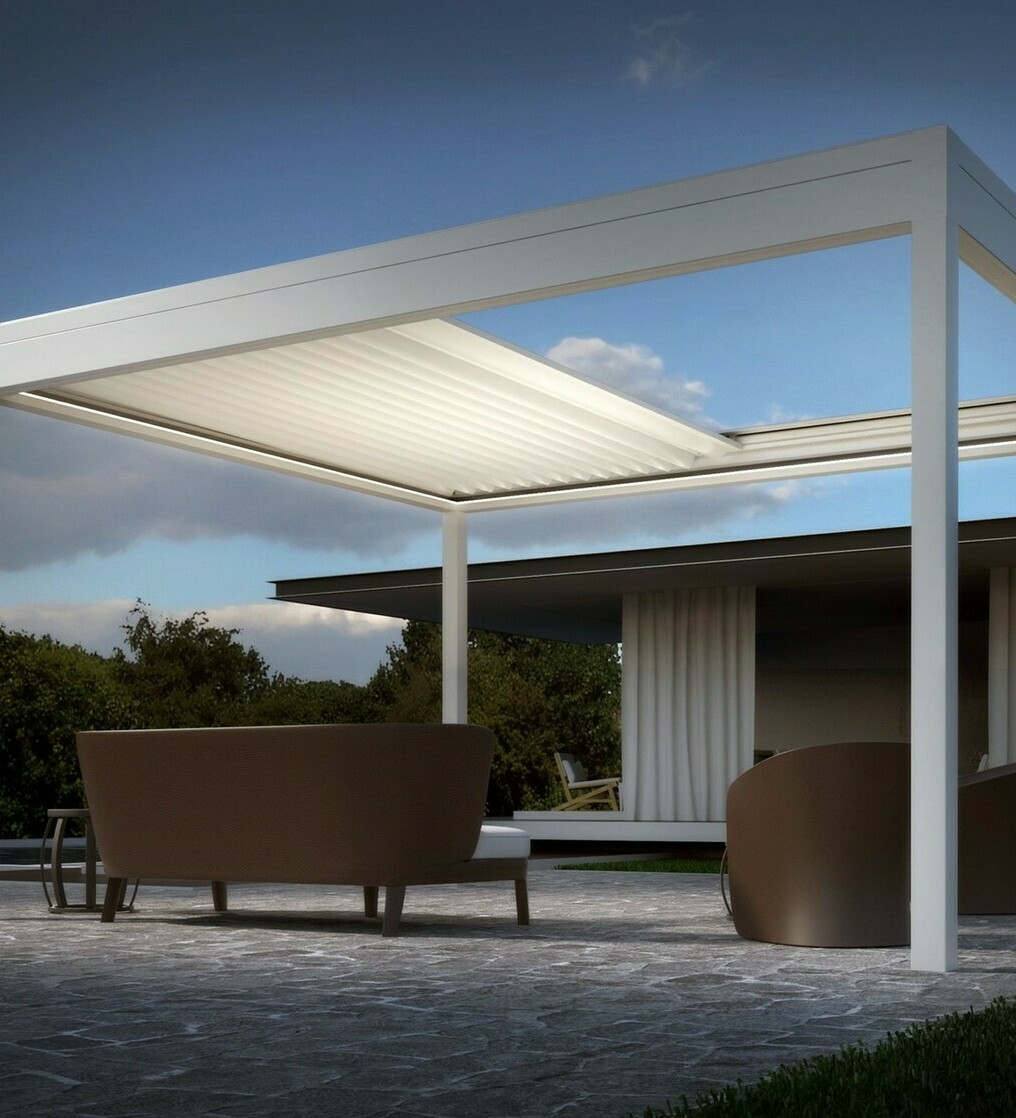 Биоклиматическая пергола – биоклиматика. Пергольная конструкция с поворотно-сдвижными ламелями для летней или всесезонной террасы (зимней утепленной веранды) Биоклиматическая пергола (биоклиматика). Пергола с поворотно-сдвижными ламелями. Строительство летних и всесезонных террас с установкой биоклиматической пергольной конструкции, а также утепленной биоклиматической перголы зимней эксплуатации